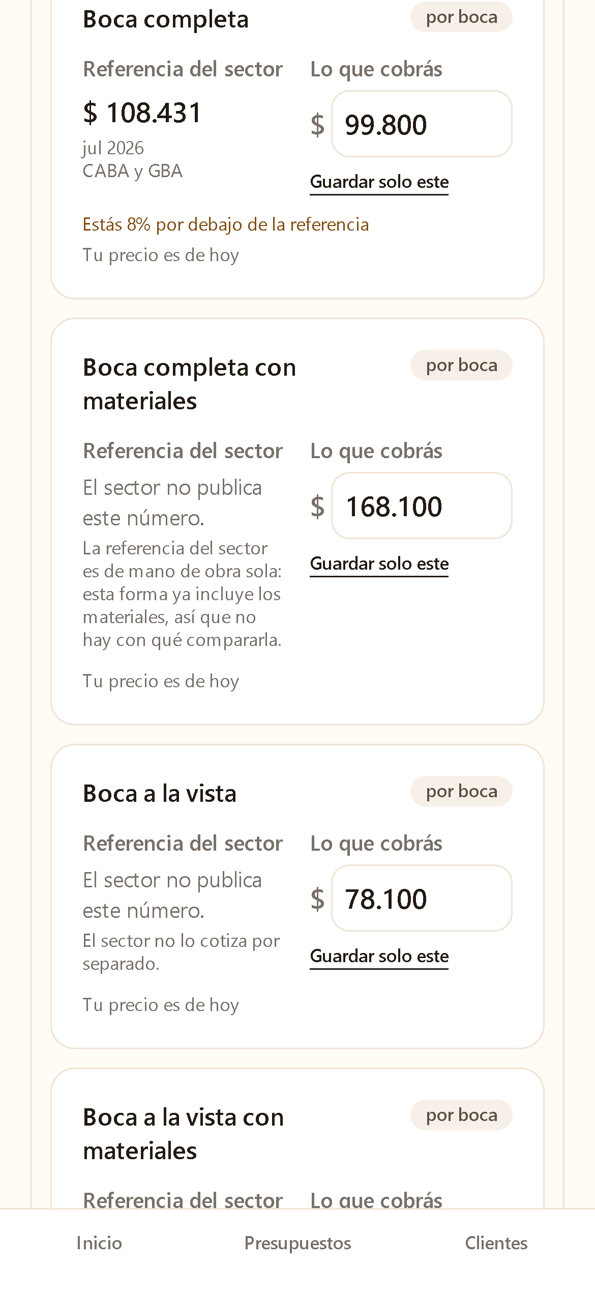 El catálogo de mano de obra de Presugo: la boca completa con la referencia del sector de $108.431 de julio de 2026 para CABA y GBA, al lado del precio propio de $99.800, y abajo el aviso de que está 8% por debajo de la referencia.