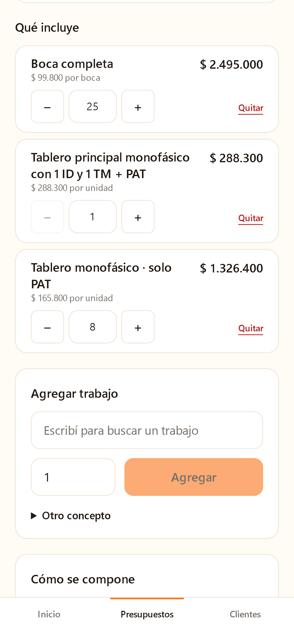 La pantalla de un presupuesto en Presugo: 25 bocas completas a $99.800 cada una, un tablero principal y ocho tableros con puesta a tierra, cada renglón con su cantidad y su total.